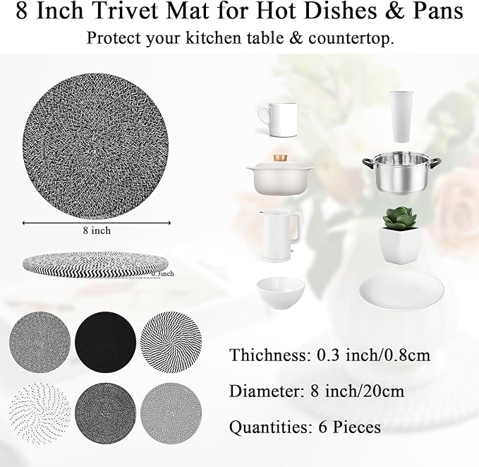 SHACOS 8 Inch Trivets for Hot Dishes 6 Pieces Heat-Resistant Trivet Set, Cotton Trivets Mats for Kitchen, Hot Pads for Countertops Table, Farmhouse Home Decor Essentials, Black