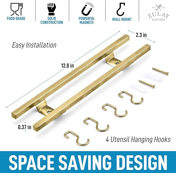 Zulay (12 Inch) Stainless Steel Magnetic Knife Holder For Wall - Powerful Knife Magnetic Strip With Extra Hanging Hooks - Wall Mount Magnetic Knife Strip & Organizer For Kitchen & Tools (Gold)