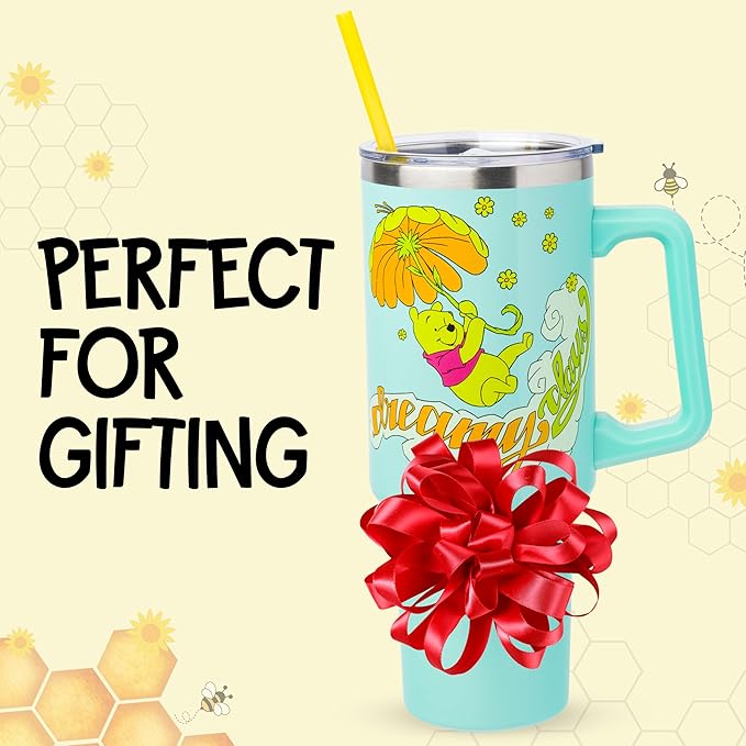 Silver Buffalo Disney Winnie the Pooh “Dreamy Days” Retro Art Stainless Steel Tumbler with Handle and Straw, Fits in Standard Cup Holder, 40 Ounces