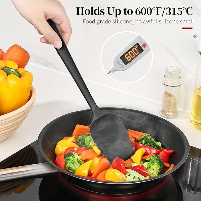 600ºF Heat Resistant Spatulas, High Heat Food Safe Semless Kitchen Silicone Scraper Set for Cooking Baking Mixing Scraping Stirring Nonstick Cookware Pan Bowl (2Pcs,Black)