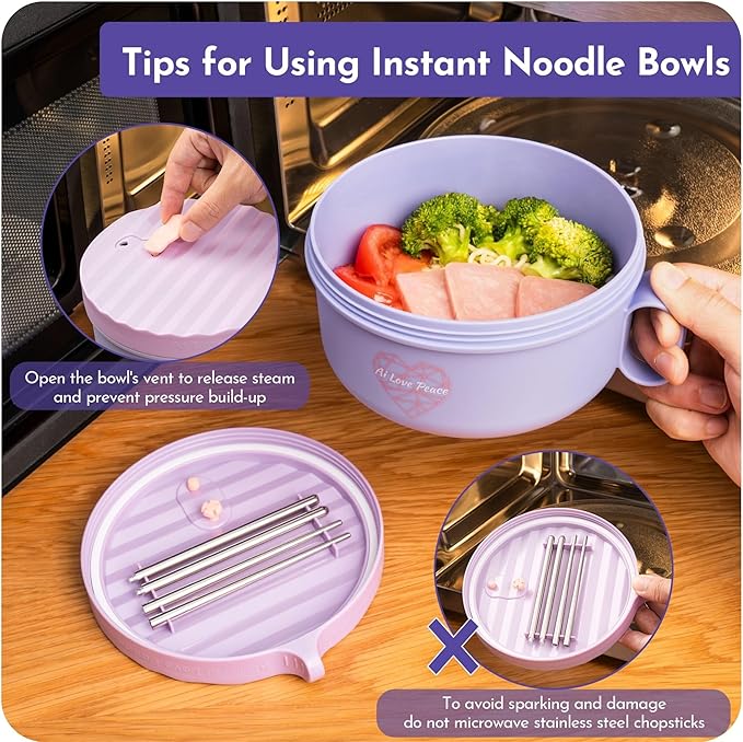 AI LOVE PEACE Ramen Bowls, 40 oz Large Microwavable Noodle Bowls (2 Purple) with Chopsticks, Sporks, and Utensil Bag, Portable Microwave Bowl for Home, Office, Dorm, or College Gift.
