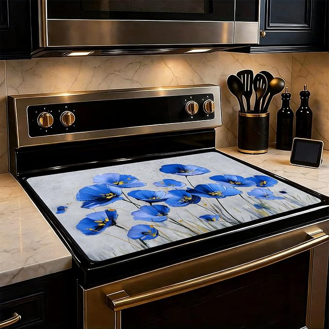 Blue Floral Stove Top Cover 28.3 x 20.5 Inches, Heat Resistant Glass Stove by KKYEJLQYI