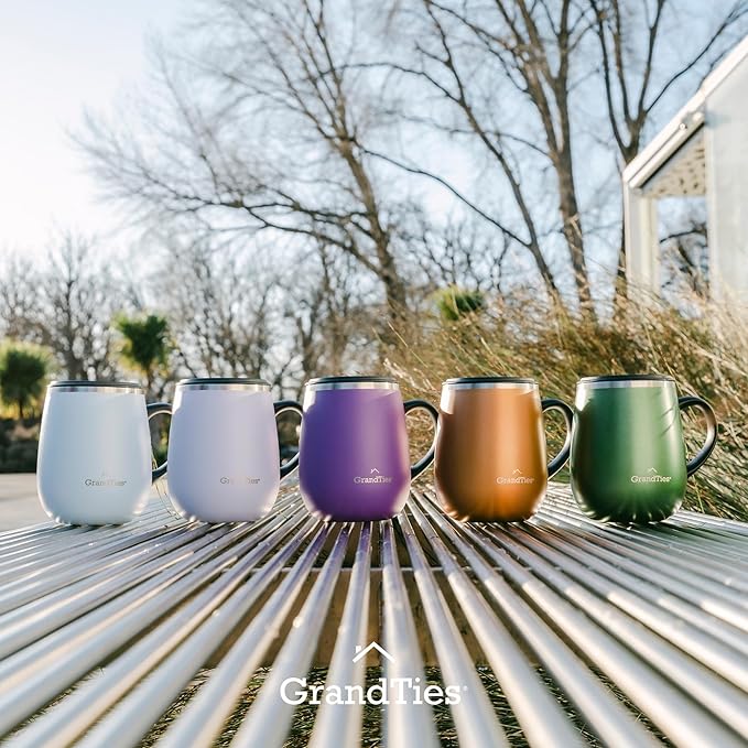 GRANDTIES Insulated Coffee Mug with Handle - Sliding Lid for Splash-Proof 16oz Wine-Glass Shape Thermal Tumbler with Double Walled Vacuum Stainless Steel to Keeps Beverages Hot or Cold-Glacier Lake