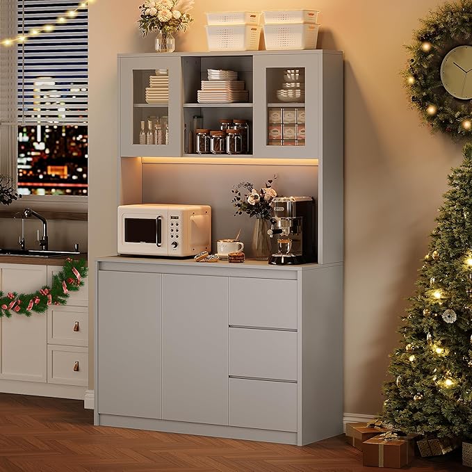 Garvee Kitchen Pantry Cabinet,71 in Tall Storage Cabinet with Doors&Shelves Adjustable, Kitchen Storage Hutch with Microwave Shelf, Led Lights&Charging Station,Corner Pantry Cabinet