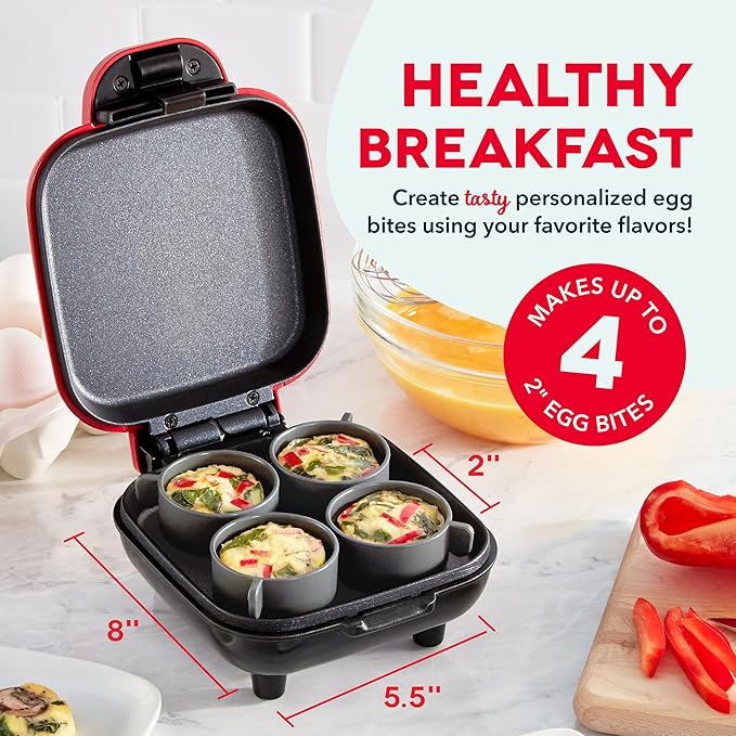 DASH Deluxe Sous Vide Style Egg Bite Maker with Silicone Molds for Breakfast Sandwiches, Healthy Snacks or Desserts, Keto & Paleo Friendly, (1 large, 4 mini) - Red