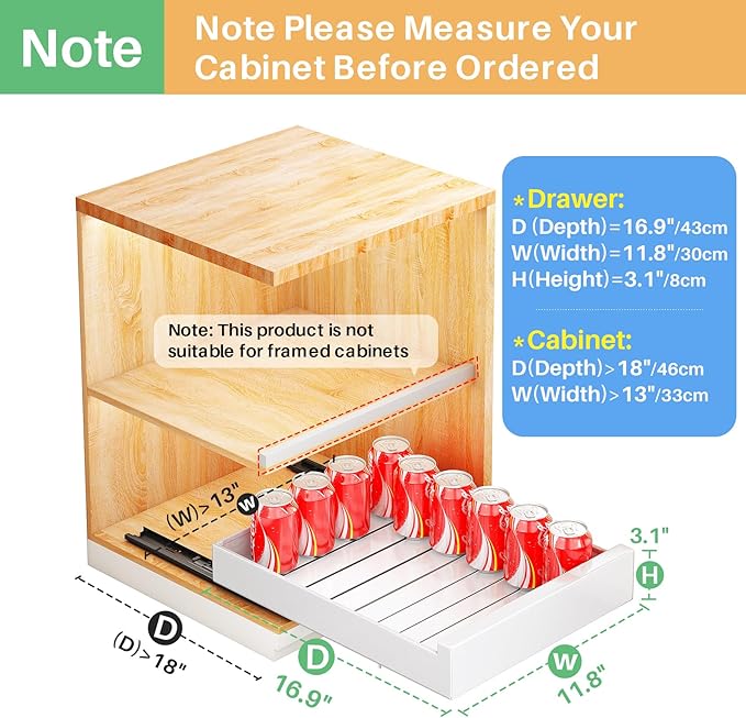 Pull Out Cabinet Organizer with Nano Adhesive, Heavy Duty Full-Extension Slide-Out Drawer for Kitchen Cabinet Organizers and Storage, No Drill Roll out Pantry Shelf, 11.8"W x 16.9"D x 3.1"H , White