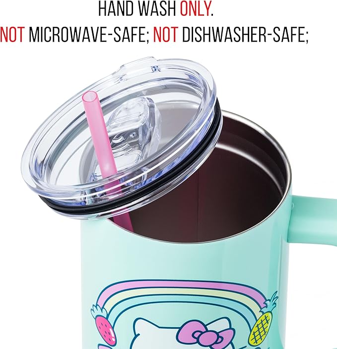 Silver Buffalo Sanrio Hello Kitty Kawaii Strawberry, Pineapple, and Rainbows Stainless Steel Tumbler with Handle and Straw, Fits in Standard Cup Holder, 40 Ounces