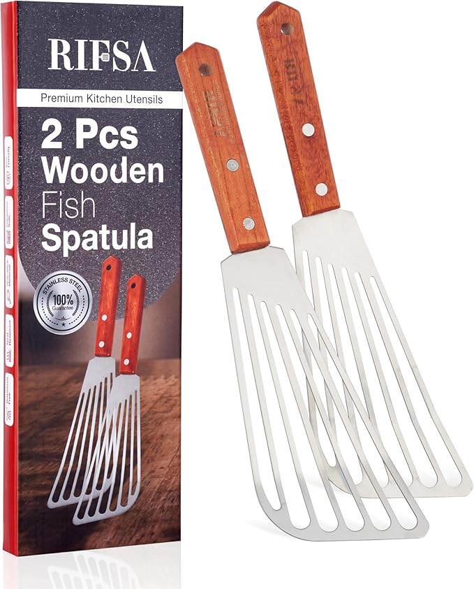 Fish Spatula Stainless Steel 2 Slotted Fish Spatulas for Nonstick Cookware - Elegant Silver Finish Turner Spatula with Ergonomic Wooden Grip Size 11” Blade Ideal for Home and Professional Chefs