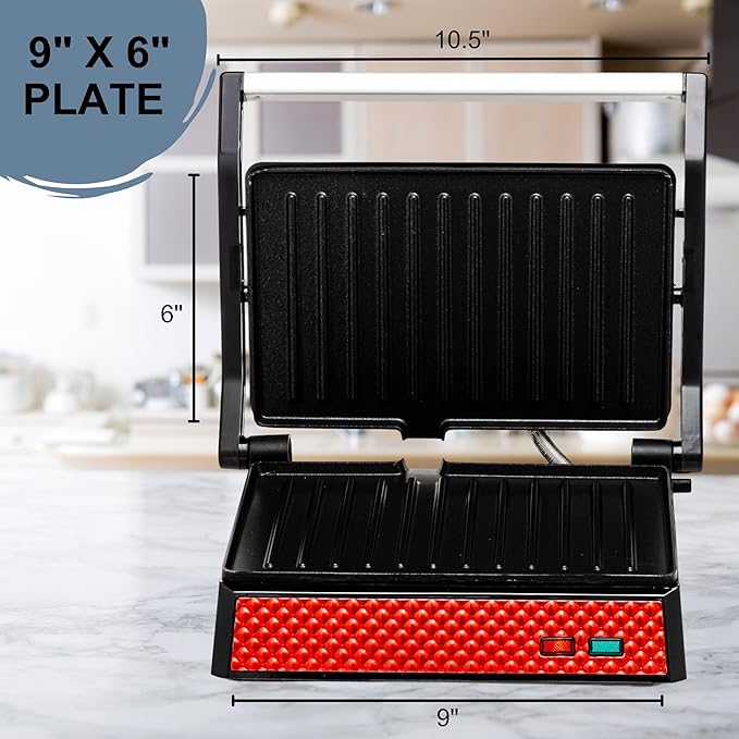 OVENTE Electric Indoor Panini Press Grill and Sandwich Maker with Non-Stick Coated Plates, Cool-Touch Handle and Removable Drip Tray, Opens 180 Degrees to Fit Any Type or Size of Food, Red GP0540R