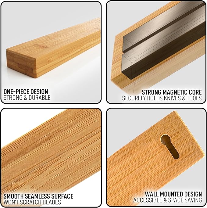 Zulay 11.75" Seamless Bamboo Wood Magnetic Knife Holder - Wooden Magnetic Knife Strip for Organizing your Kitchen - Elegant & Multifunctional Magnet Holder for Wall with Easy Installation