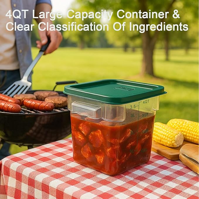 4 Pack 4QT Food Storage Containers with Green Lids, Clear Square Commercial Food Grade Storage Containers with Handles and Scales, BPA-Free Airtight Restaurant Container for Sourdough, Marinating Meat