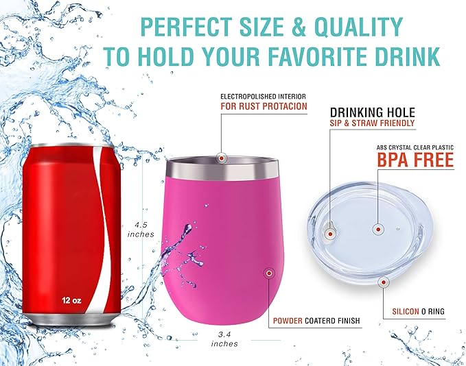 CHILLOUT LIFE 12 oz Stainless Steel Wine Tumbler with Lid - Double Wall Vacuum Insulated Wine Cup Glass Keeping Cold & Hot for Coffee, Champagne, Cocktails, Ice Cream - Powder Coated Pink