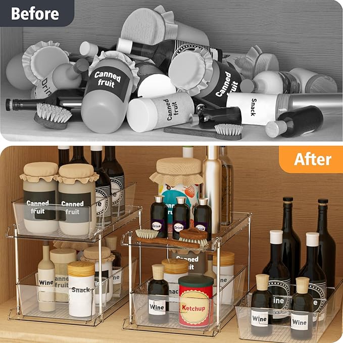 Pull-out Home Organizer, 3 Pack 2 Tier Clear Bathroom Organizer with Dividers, Multipurpose Vanity Counter Tray, Kitchen, Closet Organizers, Cabinet & Storage Container Bins