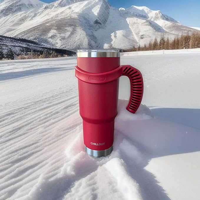 CHILLOUT LIFE Stainless Steel Travel Mug with Handle 40 oz – 6 Piece Set. Tumbler with Handle, Straw, Cleaning Brush & 2 Lids. Double Wall Insulated Large Coffee Mug Bundle - Cherry Red