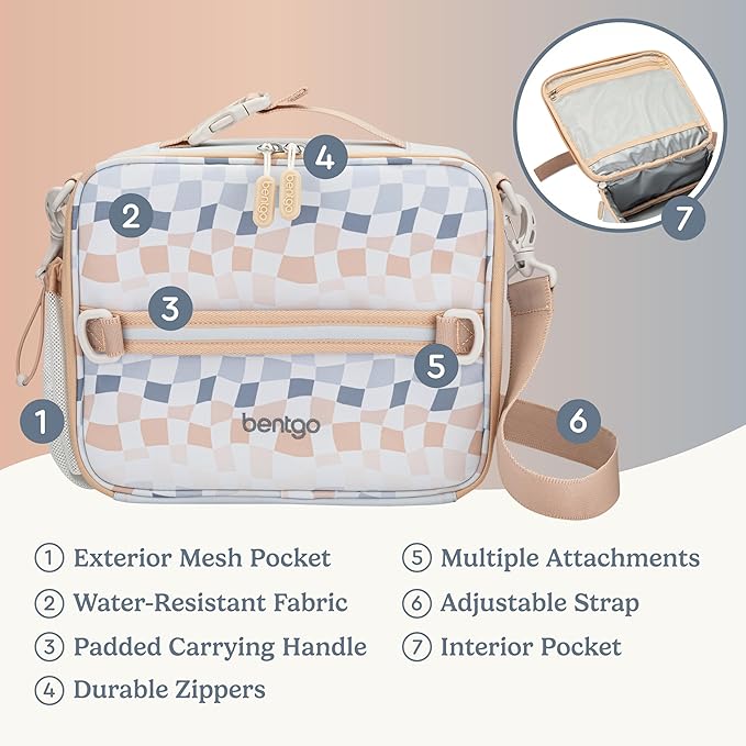 Bentgo Kids Lunch Bag (Whimsy & Wonder Collection) - Durable, Double-Insulated Lunch Bag for Kids 3+; Holds Lunch Box/Water Bottle/Snacks; Water-Resistant Fabric & Zip Pockets (Checker Gradient)