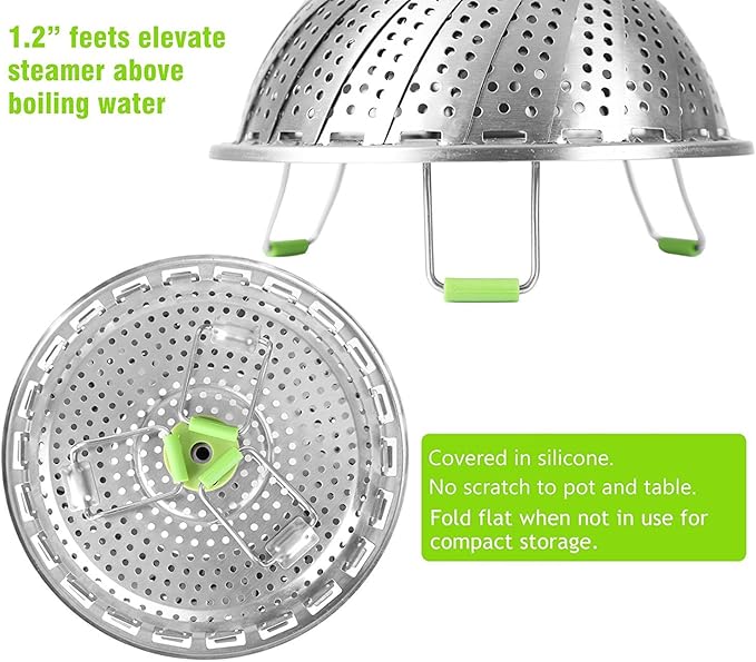 Consevisen Vegetable Steamer Basket for Cooking Food, Stainless Steel Veggie Steam Basket for Pot, Folding Expandable Steaming Insert with Extendable Handle Fits Various Size Pot, 5.1" to 9"