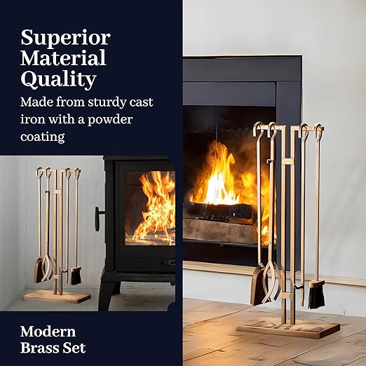 2WAYZ FLAMELY 5-Piece Fireplace Tools Set - Includes Fire Poker, Shovel, Brush, Tongs, Stand - Heavy-Duty Fireplace Accessories and Fire Tools for Indoor or Outdoor Use