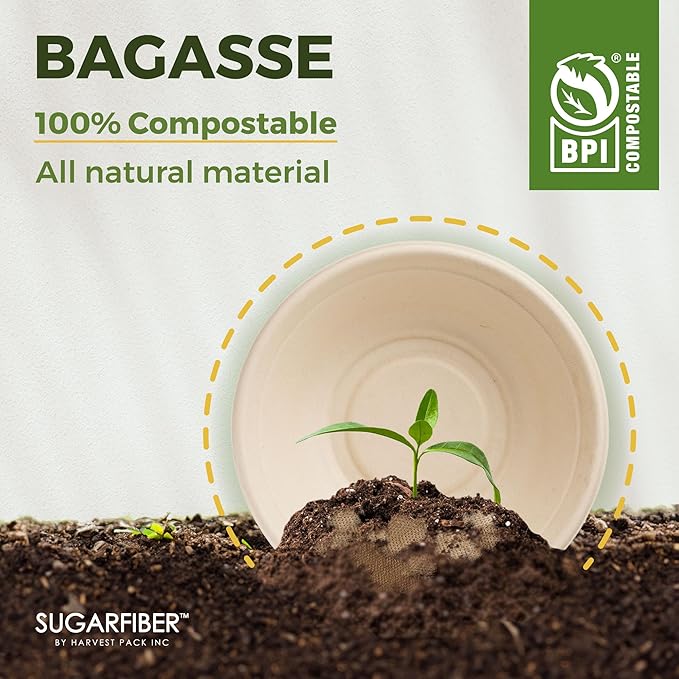 [600 Count] Harvest Pack PFAS Free 12oz Round Compostable Paper Bowls Bulk, Disposable Heavy-Duty Eco-Friendly Bagasse Bowls, Sugarcane Natural Plant fibers for Meal Prep Takeout Dinnerware