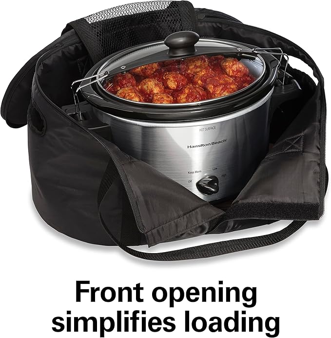 Hamilton Beach Portable Slow Cooker Travel Bag, Insulated Carrier Case for 4, 5, 6, 7 & 8 Quart Crock, Internal Mesh Net Holds Pot in Place, Compatible With Other Brands, Black (33002)