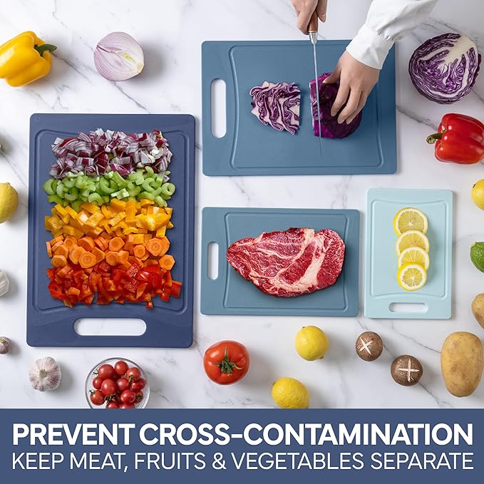 COOK WITH COLOR Non-Slip Cutting Board Set – Kitchen Essentials with Easy Grip Handle for Meat, Veggies, and Fruits, 4 Cutting Boards, Blue-New