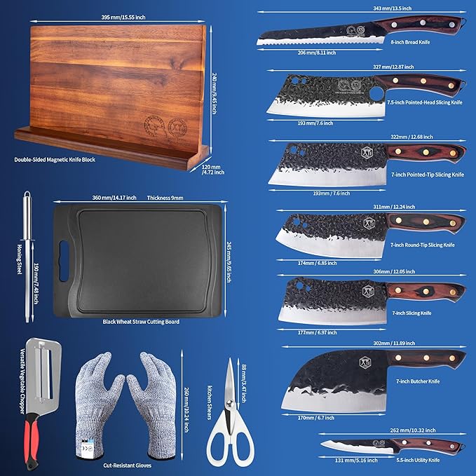 XYJ Authentic Since 1986,Kitchen Knife Block Set,High Carbon Steel Blades,Full Tang Knives Set with Block,Cutting Board,Sharpening Stick,Scissors,Gloves,Slicing Butcher Chef Knives,Wood Handle