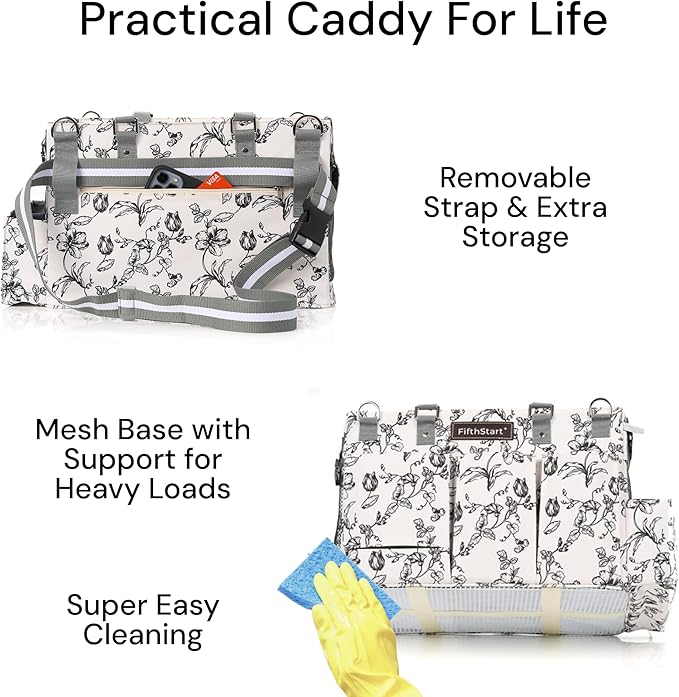 FifthStart Multiuse Cleaning Caddy with Waist & Shoulder Strap - Diaper Caddy & Beach Bag - 9 Pockets & Mesh Base - Adjustable Compartments (Black, Small) - Cleaning Supplies Organizer Bag