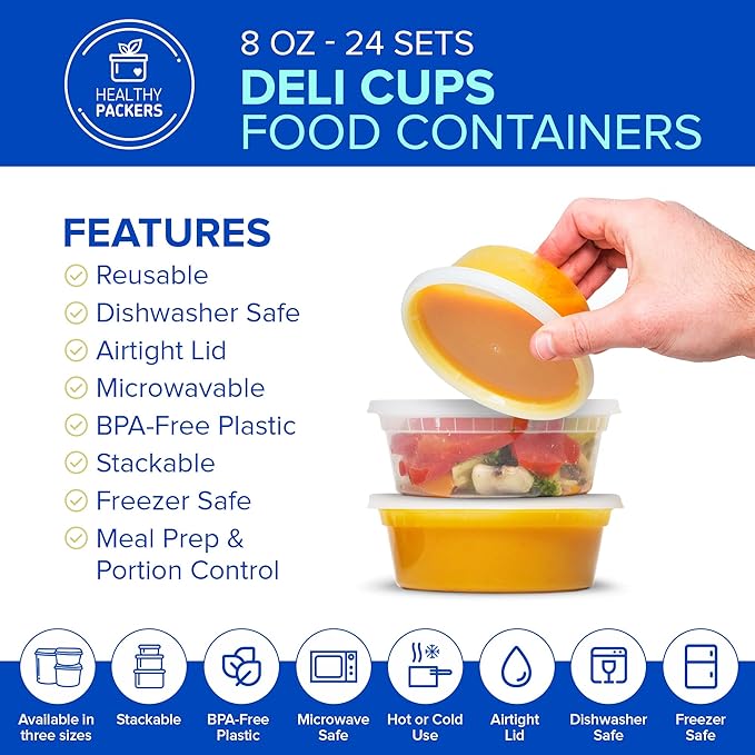 Healthy Packers Food Storage Containers with Airtight Lids (8 oz, 24 Pack) - Clear Plastic Food Storage Jars - Great for Your Slime Kit - BPA Free| Leakproof - Microwaveable - Reusable & Freezer Safe