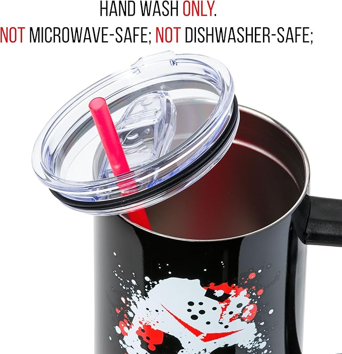 Silver Buffalo Friday The 13th Stainless Steel Tumbler with Handle Featuring Jason Voorhees’s Splatter Mask, Fits in Standard Cup Holder, 40 Ounces