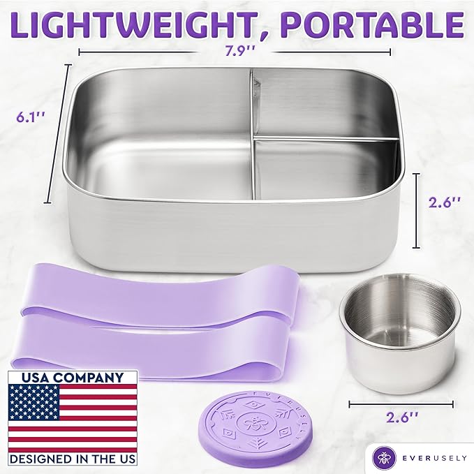 Everusely - Bento Box - Lavender, 47oz / 1.4 L - Stainless Steel Lunch Box with Leakproof Condiment Container - 3 Compartment Snack Organizer for On the Go Meals - Freezer & Dishwasher Safe