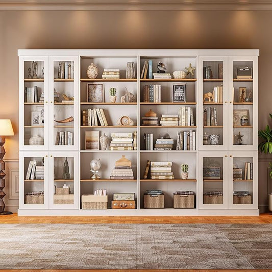 70.8" Tall Farmhouse Bookshelf with Glass Doors, Modular Bookcase with 6-Tier Adjustable Shelves, Large Storage Cabinet for Kitchen, Living Room, White, Set of 4