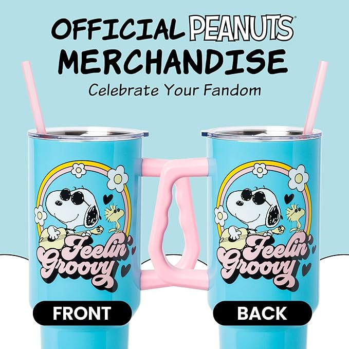 Silver Buffalo Peanuts Featuring Snoopy and Woodstock Feelin' Groovy Stainless Steel Tumbler with Handle and Straw, Fits in Standard Cup Holder, 40 Ounces