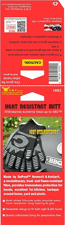 G & F 1682 Dupont Nomex Heat Resistant Gloves for Cooking, Grilling, Fireplace and Oven, Barbecue Pit Mitt, BBQ Gloves, Sold by 1 Piece (Pack of 2)