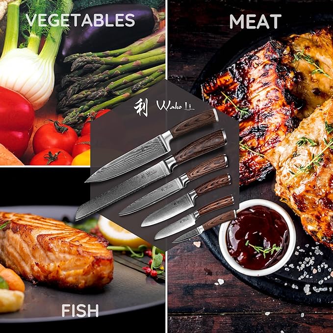 Wakoli EDIB 6-Piece Damascus Knife Set – Professional Chef Knives Set with VG10 Core Blades, 67-Layer Damascus Steel and Ergonomic Pakkawood Handles – Premium Kitchen Knives in Wooden Gift Box