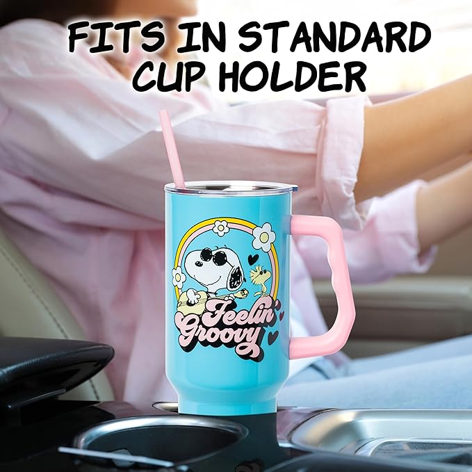 Silver Buffalo Peanuts Featuring Snoopy and Woodstock Feelin' Groovy Stainless Steel Tumbler with Handle and Straw, Fits in Standard Cup Holder, 40 Ounces