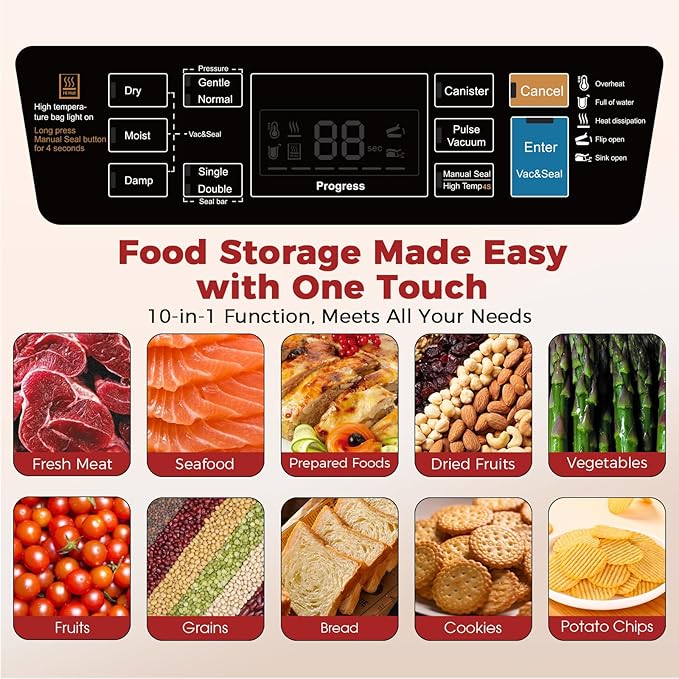 95kPa Vacuum Sealer Machine,Commercial Fully Automatic Food Sealer,10-in-1 Functions & Powerful Sealing System with Double Heat Seal,Easy-Lock Handle,Built-in cutter,1 Bag Rolls,10 Pre-cut Bags