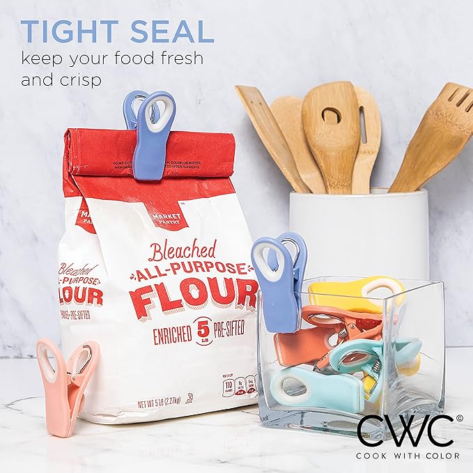 COOK WITH COLOR Bag Clips with Magnet- Food Clips, Chip Clips, Bag Clips for Food Storage with Airtight Seal Grip for Bread Bags, Snack Bags and Food Bags (Bright Colors, Pack of 10)