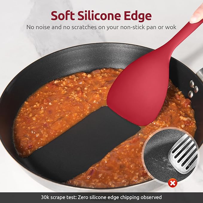 U-Taste 600ºF Heat Resistant Wok Spatula: 13.76" Long, 3.63" Wide Silicone Cooking Utensils with Flexible Edge & Sturdy Core, for Kitchen Stir Fry, Serving, Scoop, in Non-Stick Pan, Carbon Steel (Red)