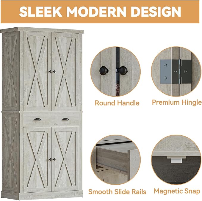 IRONCK Kitchen Pantry Storage Cabinet 72.6" H, with Barn Doors, Drawer, 4 Adjustable Shelves, Freestanding Cupboard for Dining Room Living Room, Laundry, Rustic Maple