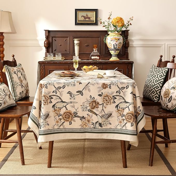 ISAENNE Designer Vintage Linen Long Rectangle Tablecloth,Floral and Bird Pattern Elegant Table Cloth,Fall Wrinkle Resistant Decor Tablecloths for Dining Kitchen Christmas,63"*94"-Murad A