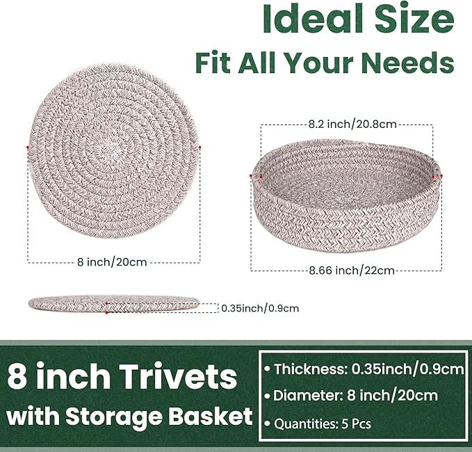 8 Inch Trivets for Hot Dishes, Hot Pots and Pans, Thick Heat Resistant Large Coaster for Kitchen, Hot Pads, Kitchen Essentials, Kitchen Decor for Table & Countertop with Storage Basket, 5 Pcs