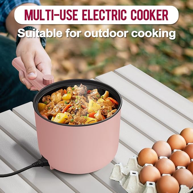 Topwit Hot Pot Electric with Steamer, 1.5L Ramen Cooker, Non-Stick Frying Pan, Electric Pot for Pasta, BPA Free, Electric Cooker with Dual Power Control, Over-Heating & Boil Dry Protection, Pink