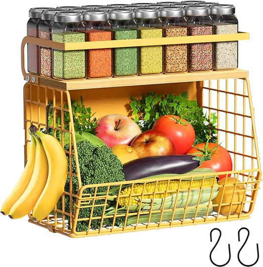 Magnetic Shelf for Fridge with Wood Lid, Fruit Potato and Onion Storage Bins, Pantry Organizers & Storage, Large Container Magnetic Spice Rack for Refrigerator, Kitchen Counter, Cabinet (Yellow, 1)