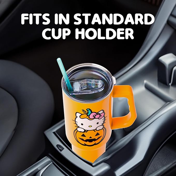 Silver Buffalo Sanrio Hello Kitty Halloween Jack-O-Lantern Stainless Steel Tumbler with Handle and Straw, Fits in Standard Cup Holder, 40 Ounces