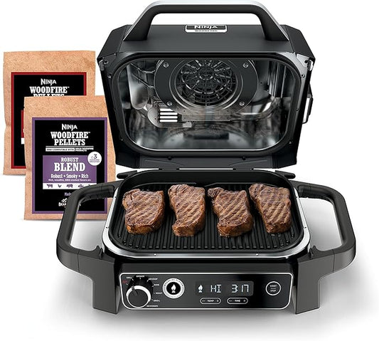 Ninja | Woodfire Series | 7-in-1 (Grill, BBQ, Roast, Air Fry, Dehydrate, Broil, Smoke) | Portable & Weather Resistant | Cook Up To 6 Steaks & 30 Hot Dogs | Woodfire Pellets included | OG701