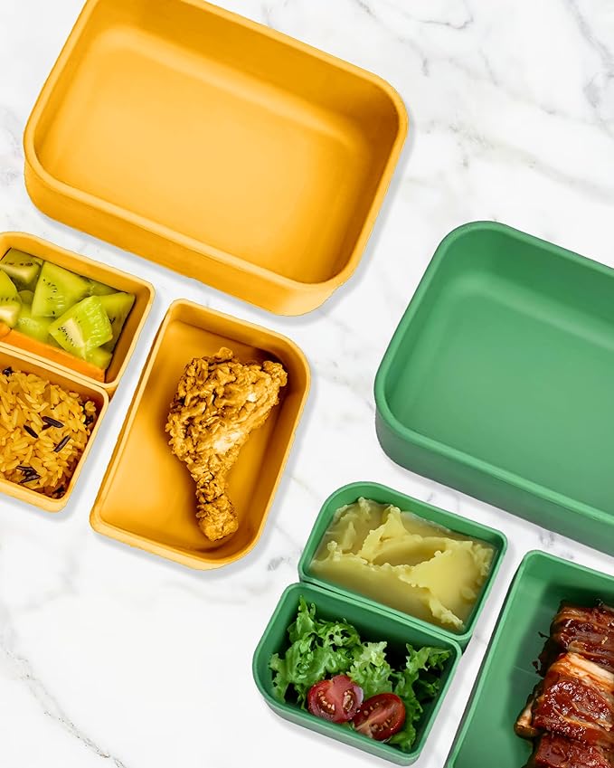 Platinum Silicone Bento Lunch Box Set of 2 – 3 Compartments, Leakproof, Versatile, Durable, Microwave & Freezer Safe, Meal Prep, Food Storage for All Ages (Watermelon Green & Gold Honey)