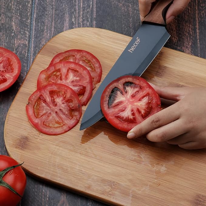 hecef Vintage Kitchen Knife Set, Stainless Steel Non-stick Black Coated Knives with Extra Sheaths, Includes Chef, Bread, Santoku, Utility and Paring Knife