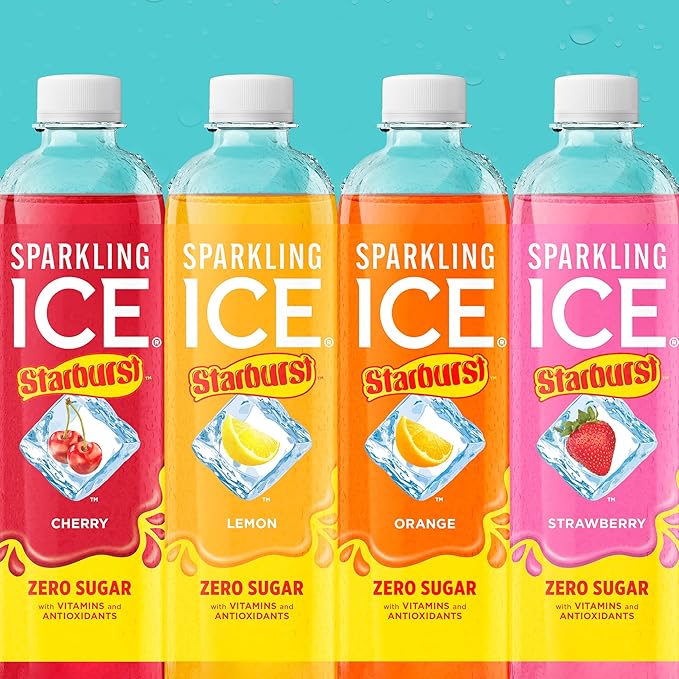 Sparkling Ice STARBURST Variety Pack, Zero Sugar Flavored Sparkling Water, with Vitamins and Antioxidants, Low Calorie Beverage, 17 fl oz, 12 count (Cherry, Strawberry, Lemon, Orange)