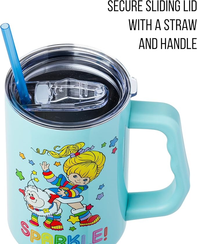 Silver Buffalo Rainbow Brite and Twink Sparkle Stainless Steel Tumbler with Handle and Straw, Fits in Standard Cup Holder, 40 Ounces