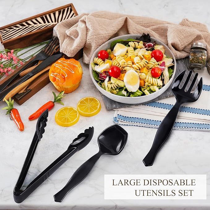 36Pcs Plastic Serving Utensils Set 9'' Large Disposable Serving Spoons Forks Tongs for Serving Food Heavy Duty Black Large Party Utensils Supplies for Buffet Restaurant Dinner Salad Noodles Soup