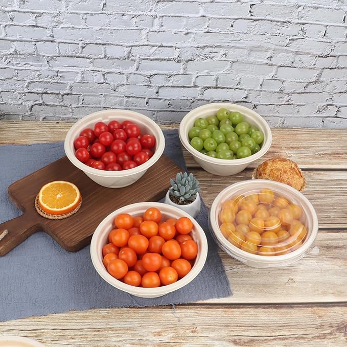 33 oz Disposable salad bowls with lids, Sugarcane Fiber Paper Bowls take away food containers Plant Fibers Freezer Safe 50 Pack